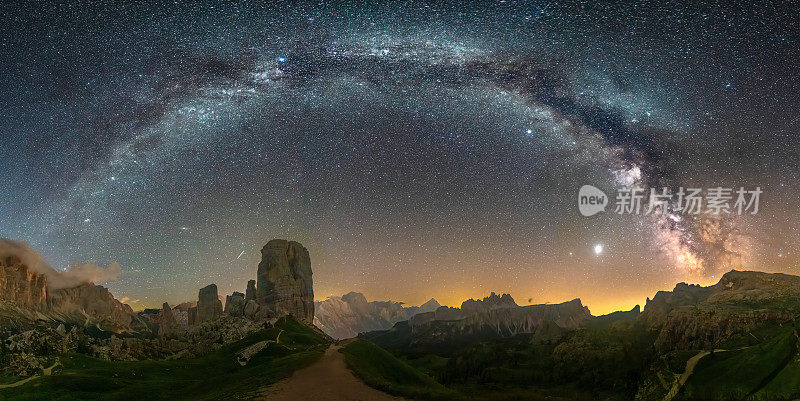 Spectacular arc of the Milky Way above the Cinque Torri Cinque Torri, Dolomites Italy